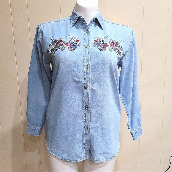 Tops - Lets Quizz Again New York Denim Long Sleeve Embroidered Flying Bear Women's Sz S